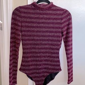 (NEW)Vixen Bodysuit; Magenta and Pink Metallic Open-back Bodysuit from DollsKill